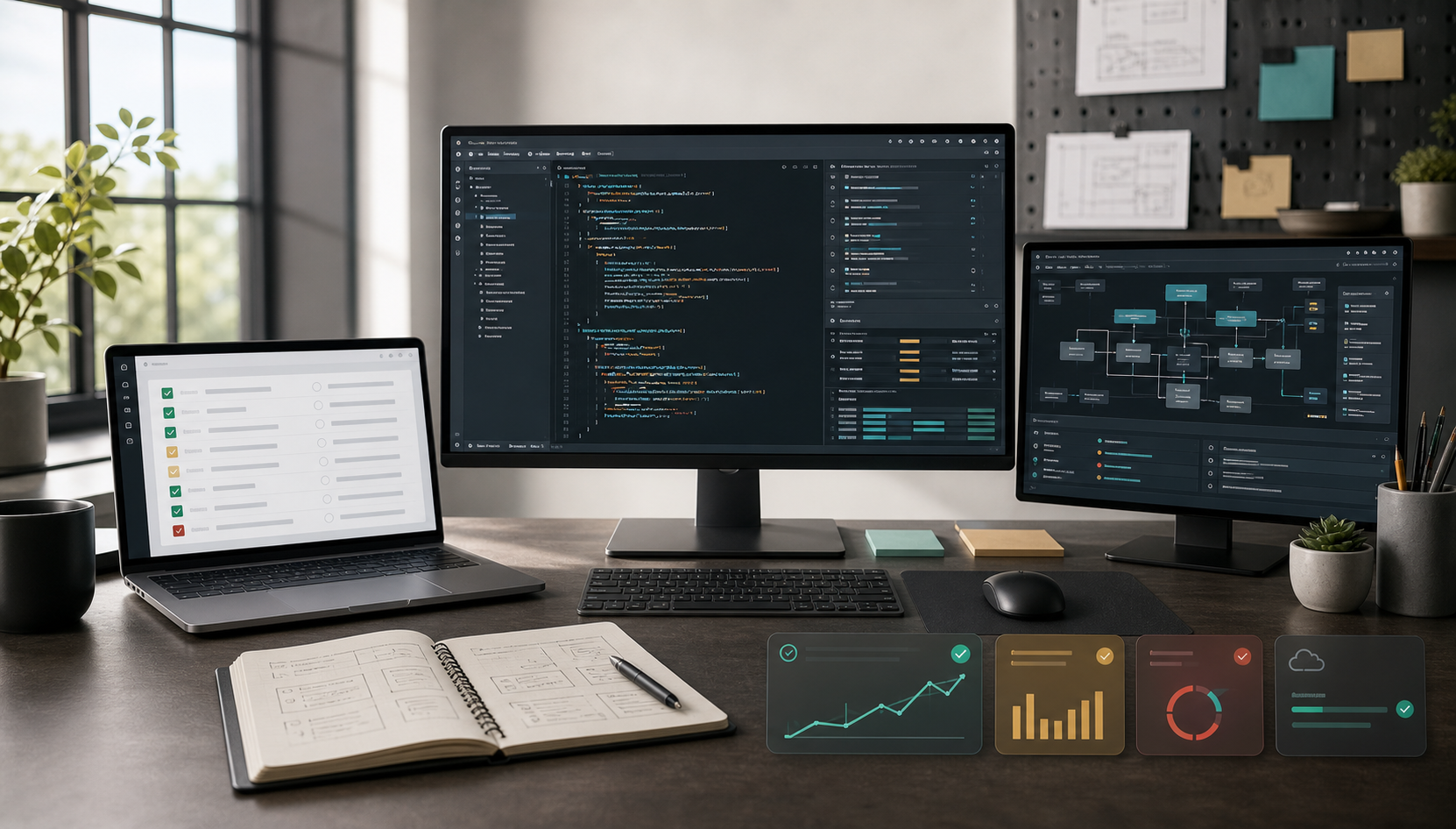 Illustration of a software workspace with editor, tests, and architecture map.
